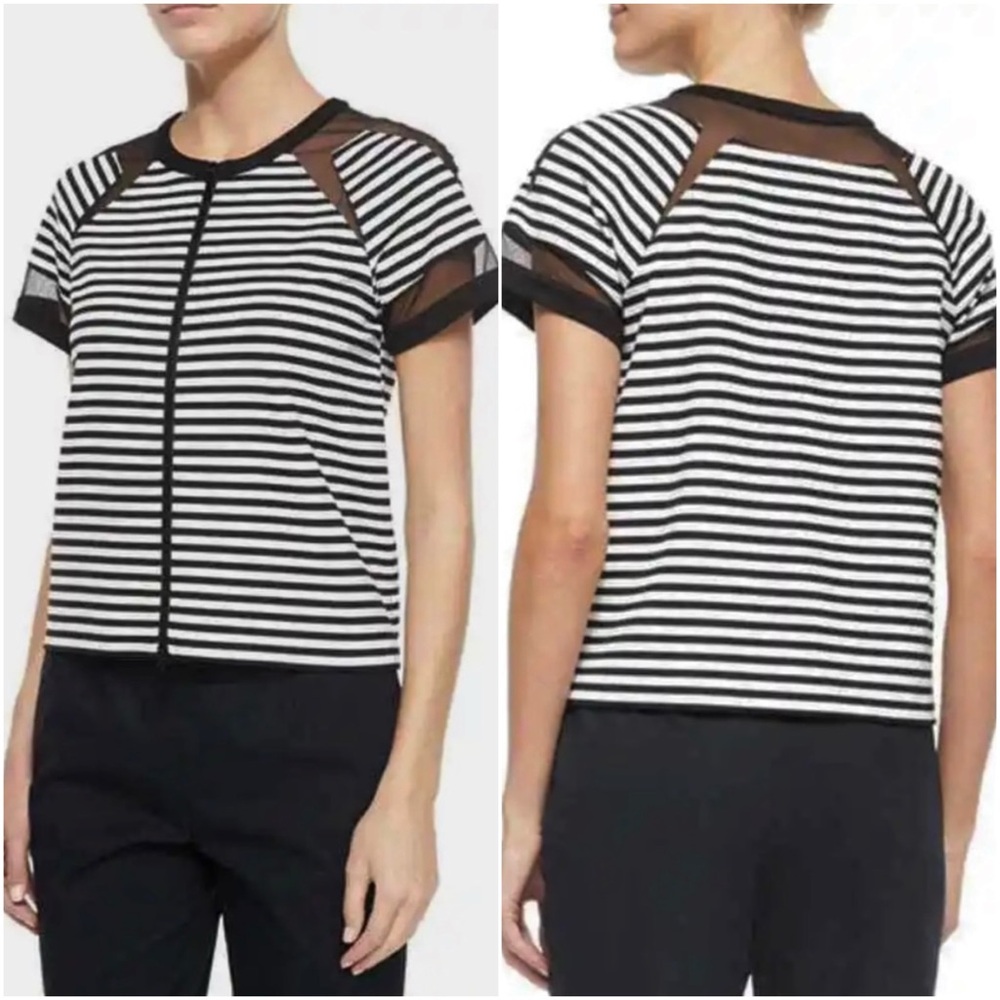 Lafayette 148 Black White Stripe Mesh Shoulder Double Zip Top Size Small